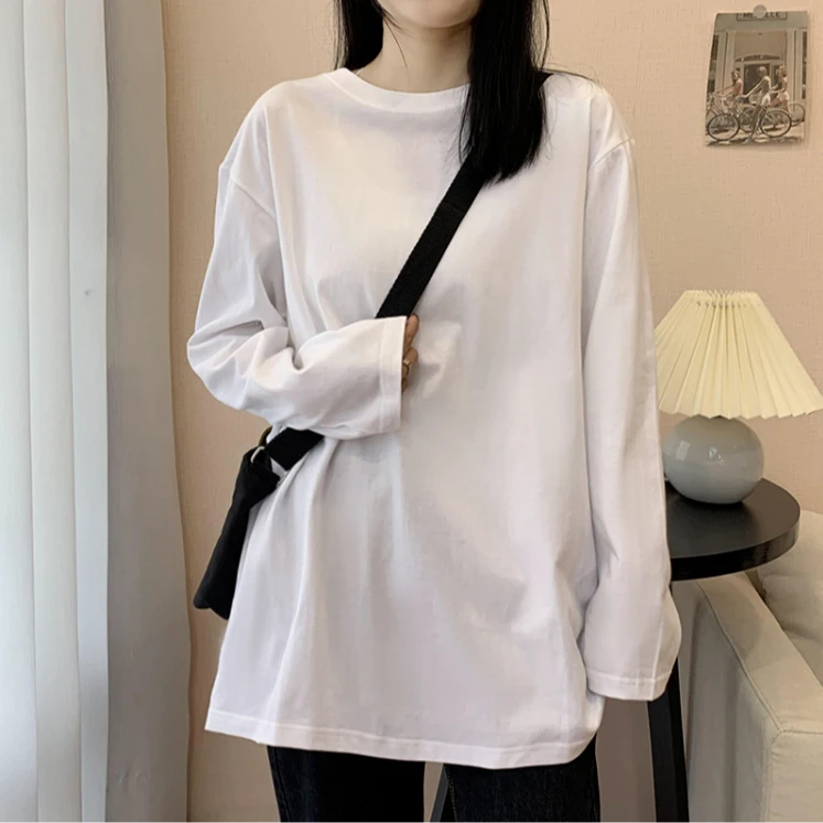 300g新疆纯棉T恤男女白色T恤男女圆领简约上衣长袖打底衫长袖T恤