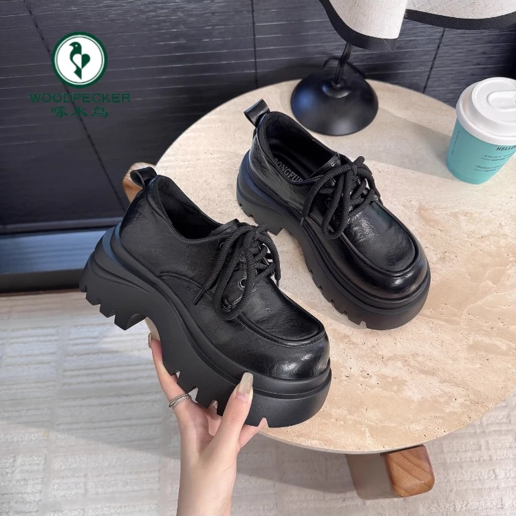 啄木鸟欧货大头乐福鞋2025新款休闲增高小皮鞋厚底小个子轻便单鞋