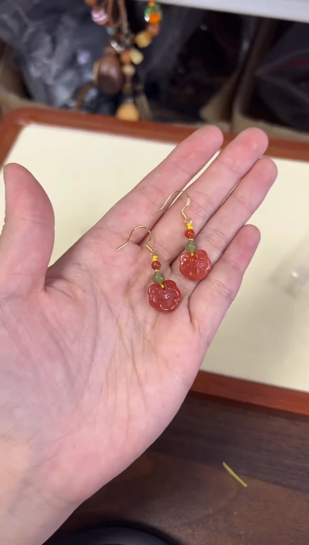 南红玛瑙银S925镶嵌耳饰南红玛瑙扎基银耳环[1643]