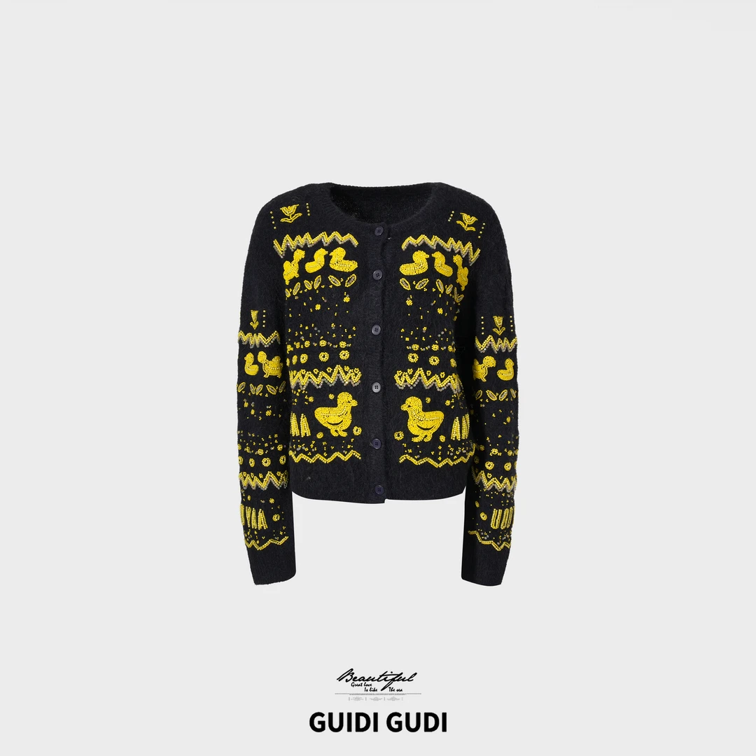 GUIDI GUDI【小鸭子的故事】秋冬氛围感气质羊驼毛开衫外套/黄加蓝