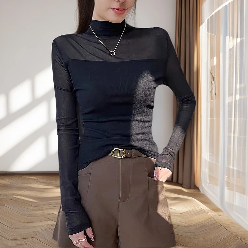 【时尚百搭】2025春秋半高领女网纱气质打底衫百修身显瘦长袖T恤