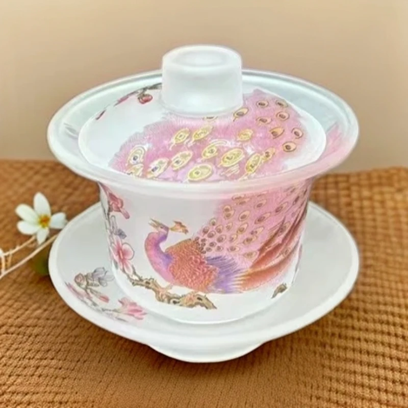 ZH3779-磨砂孔雀三才盖碗精美茶道轻奢耐热防烫泡茶茶文化
