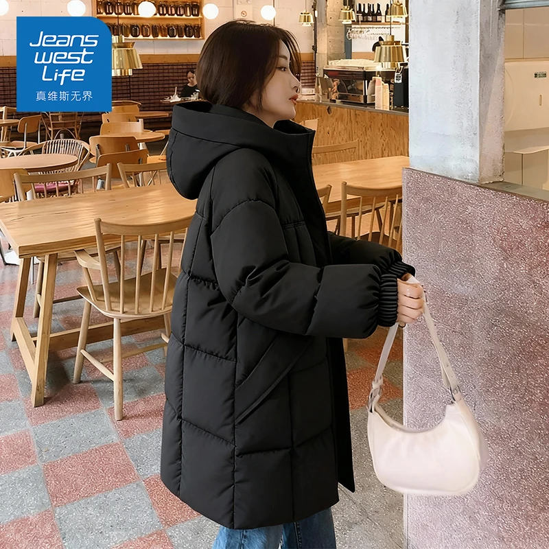 真维斯无界冬季连帽中长款棉服通勤必备基础百搭实穿保暖休闲过膝