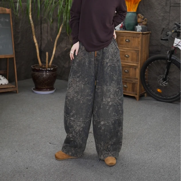 【加绒提花牛仔裤】qq冬季加绒加厚休闲风高腰提花牛仔裤女