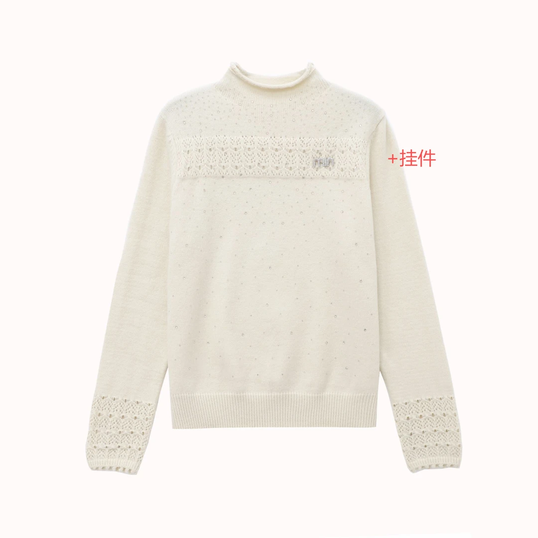 【星河】缪挂件钩花纯色烫钻半高领打底衫女款毛衣2356HH