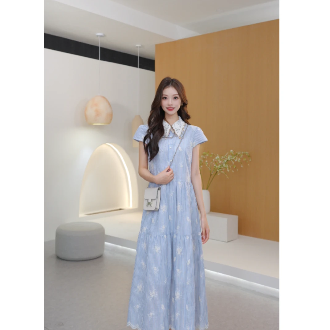 Basic House/百家好2025夏季宽松显瘦刺绣衬衫短袖连衣裙花边裙子