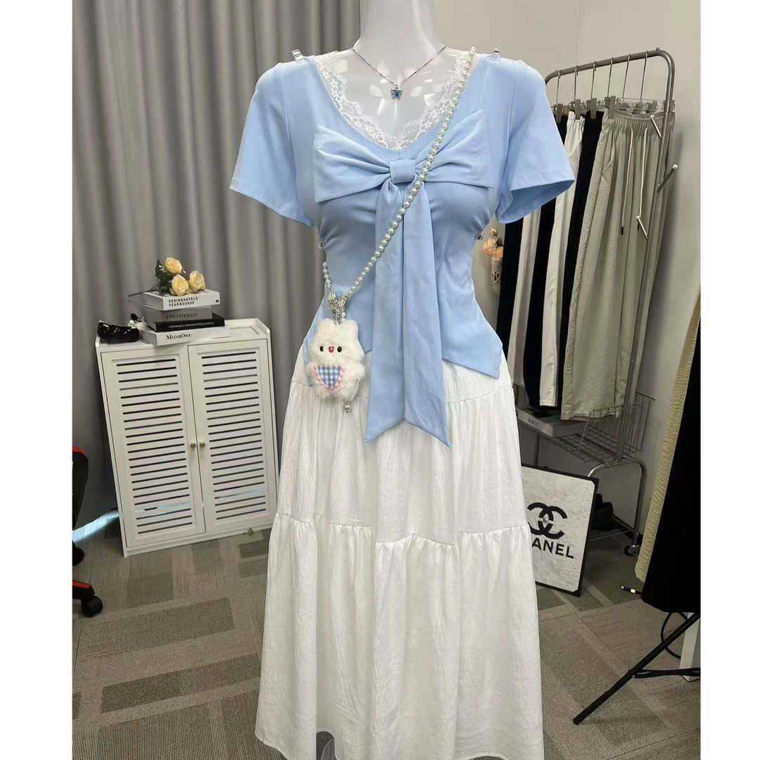 （80-200斤）微胖蝴蝶结短袖女T恤夏季新款胖MM遮肉显瘦套装（唯依2）