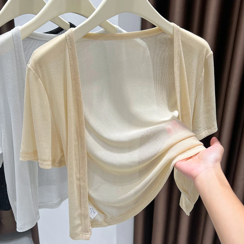 吊带裙外搭冰丝网纱开衫短袖披肩女夏蕾丝镂空薄透气小坎肩罩衫