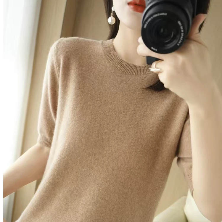 超细精纺羊毛 春夏季短袖羊毛衫上衣女