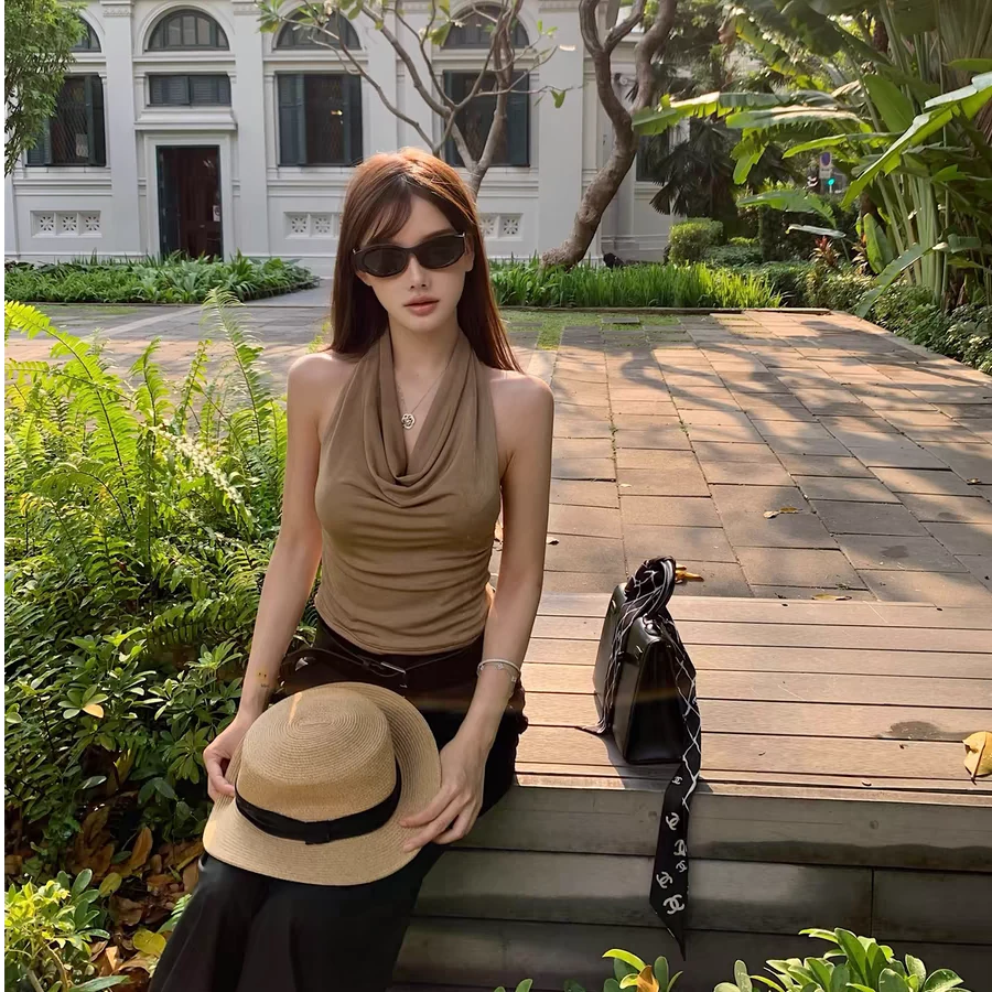 春夏季新款辣妹荡领挂脖小背心修身内搭无袖短款露背外穿吊带644