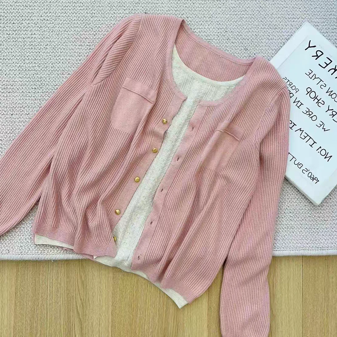 【俪沐】假两件长袖针织衫女上衣春秋2024新款韩版显瘦薄款开衫外套