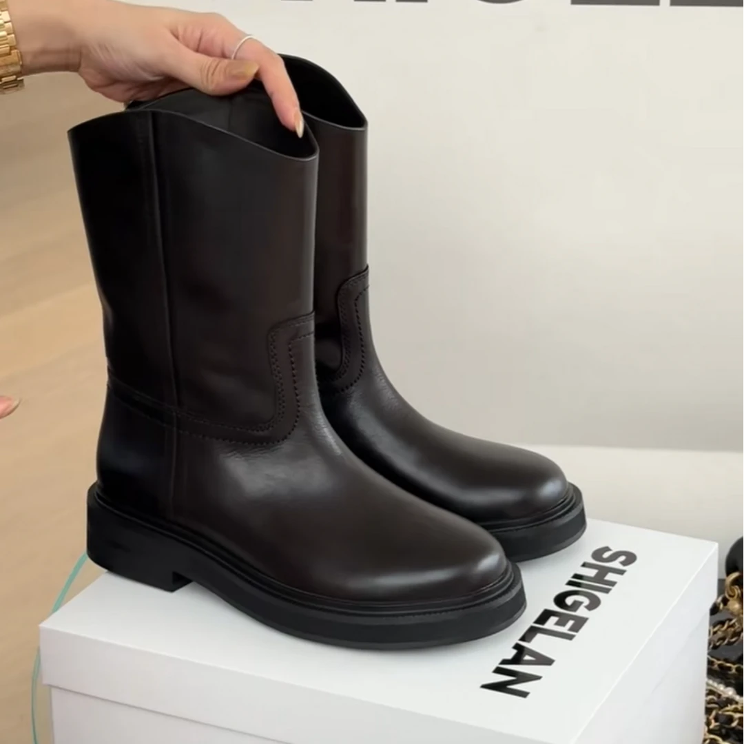 诗歌兰女靴2025秋季新品真皮时尚中跟中筒靴马丁靴圆头时装靴短靴