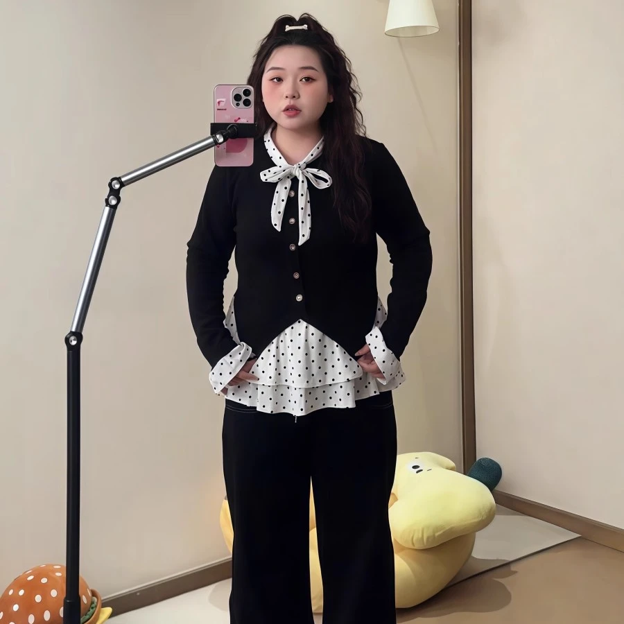 大码女装小香风假两件波点拼接上衣秋冬季微胖mm显瘦设计感打底衫