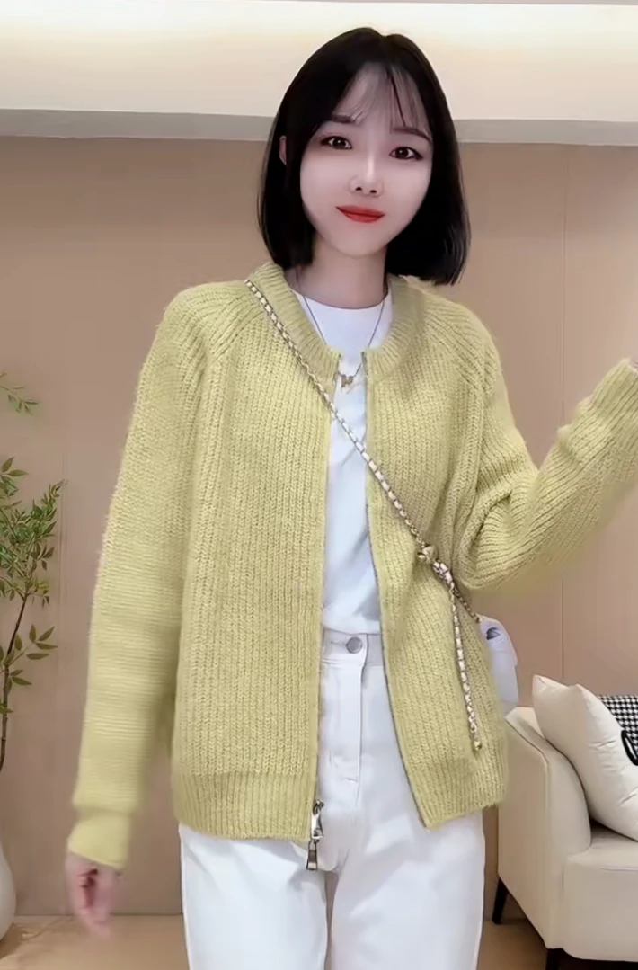 欧货2025秋季新款百搭双拉链慵懒风糖果色毛衣开衫上衣女潮