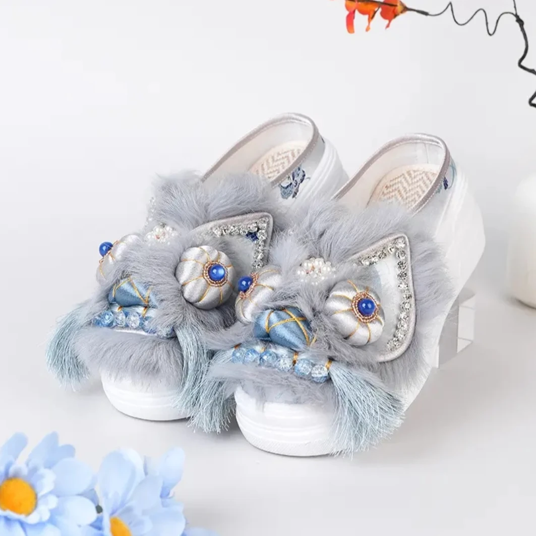 【真毛厚底拖鞋】福泰欣新中式非遗虎头拖鞋民族甜美风时尚风高跟