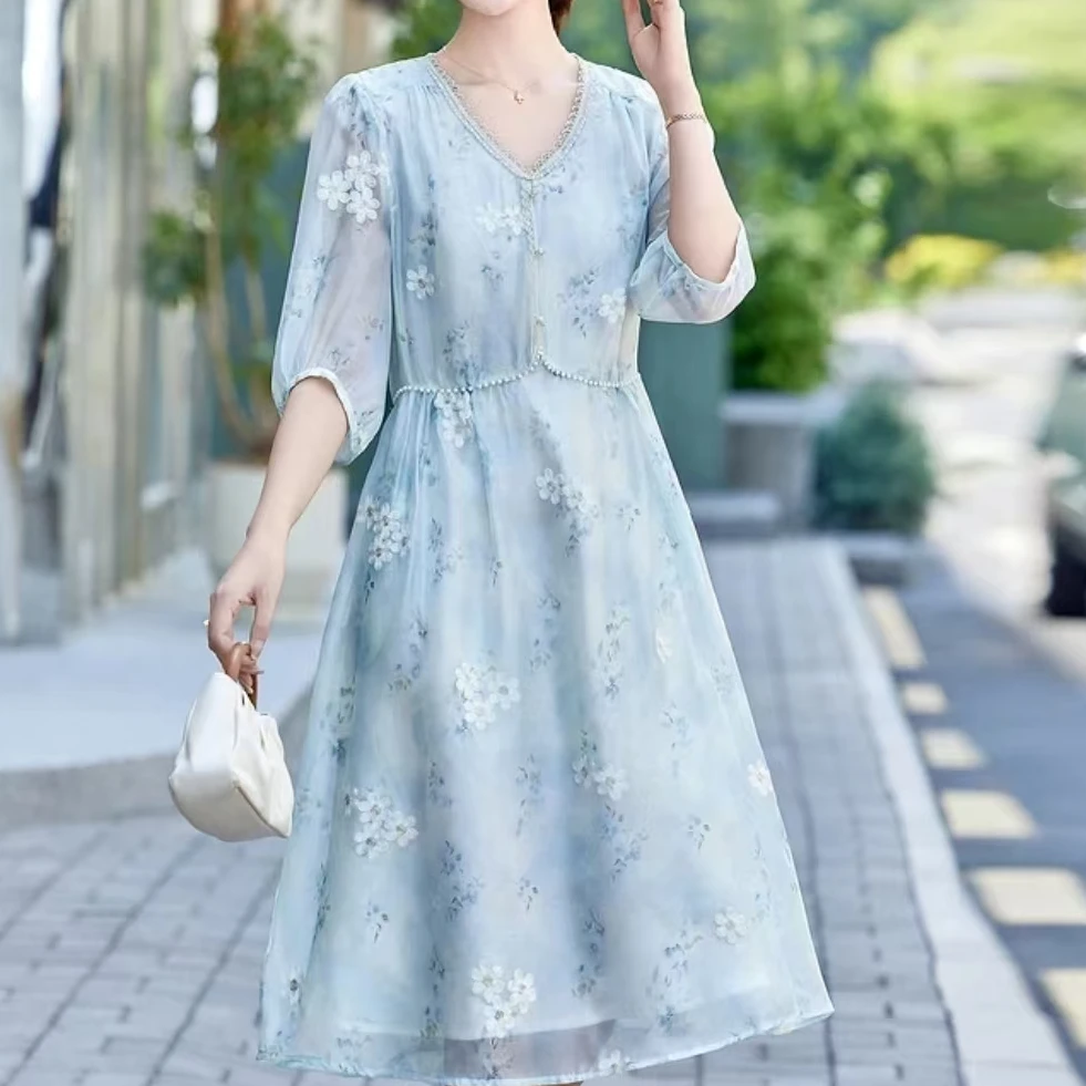 【珍珠花】新款休闲时尚高端气质减龄真丝显瘦百搭遮肉连衣裙1154