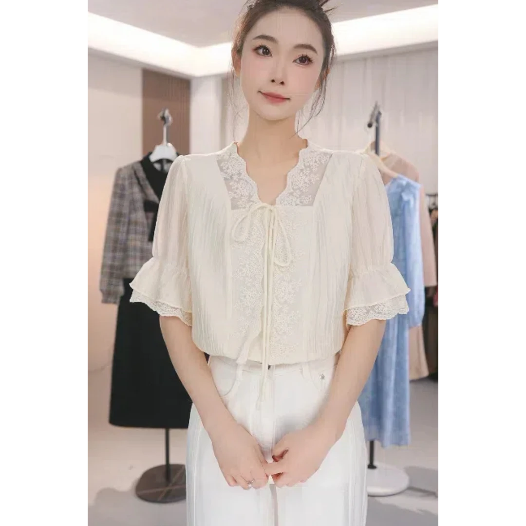 法式气质蕾丝拼接系带短袖衬衫女2025春夏新款小众显瘦设计感上衣