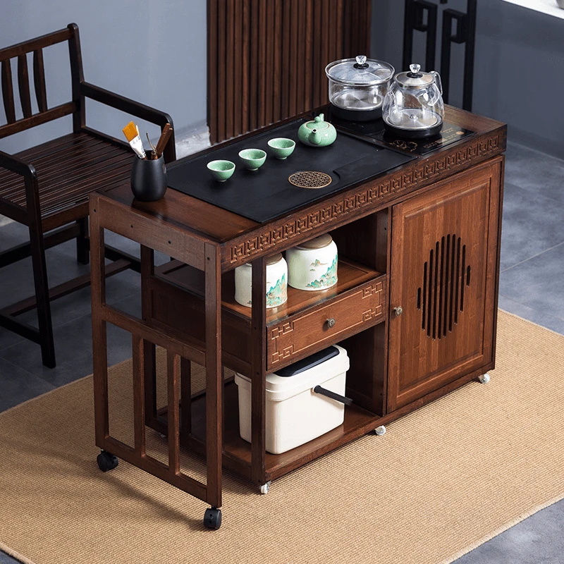 阳台旋转茶桌家用可移动小型茶台竹木喝茶桌椅组合多功能茶几套装