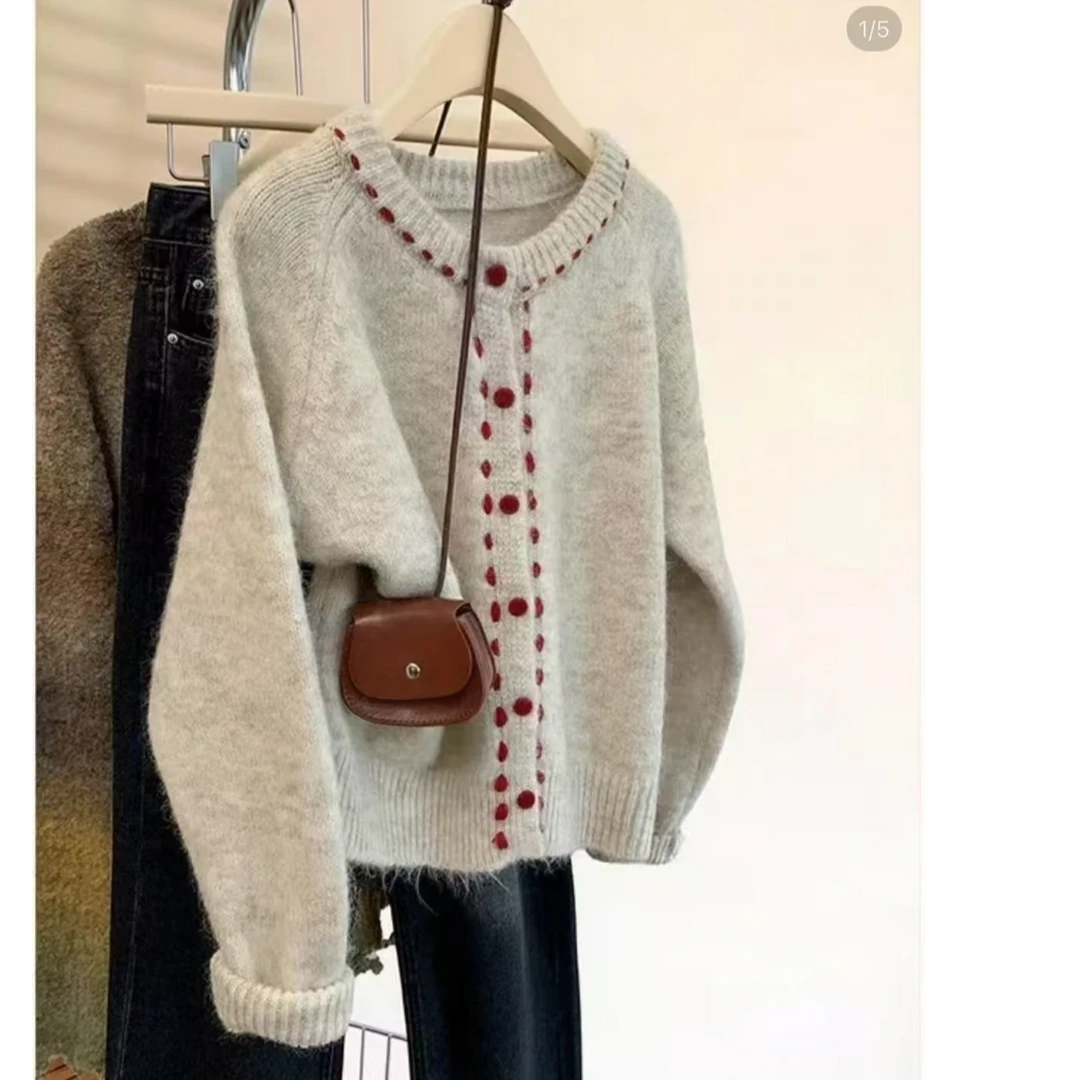 【专属】软糯加厚圆领毛衣外套女秋冬新款外套慵懒针织开衫上衣