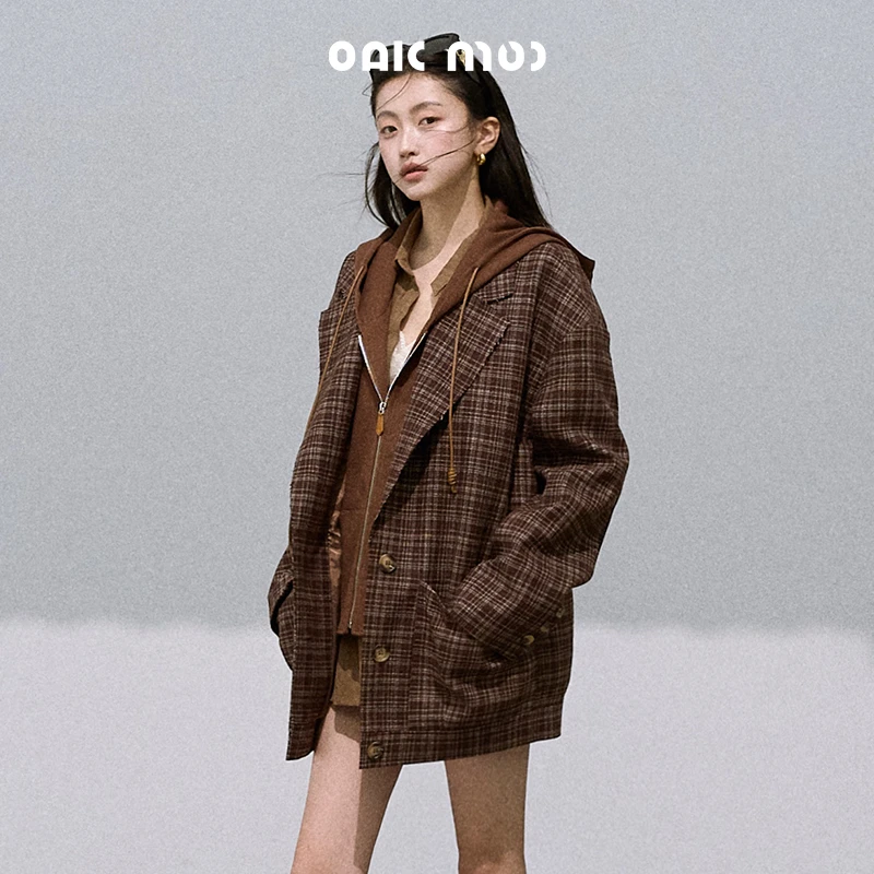 OAKMOO/连帽夹克式假两件格纹呢外套
