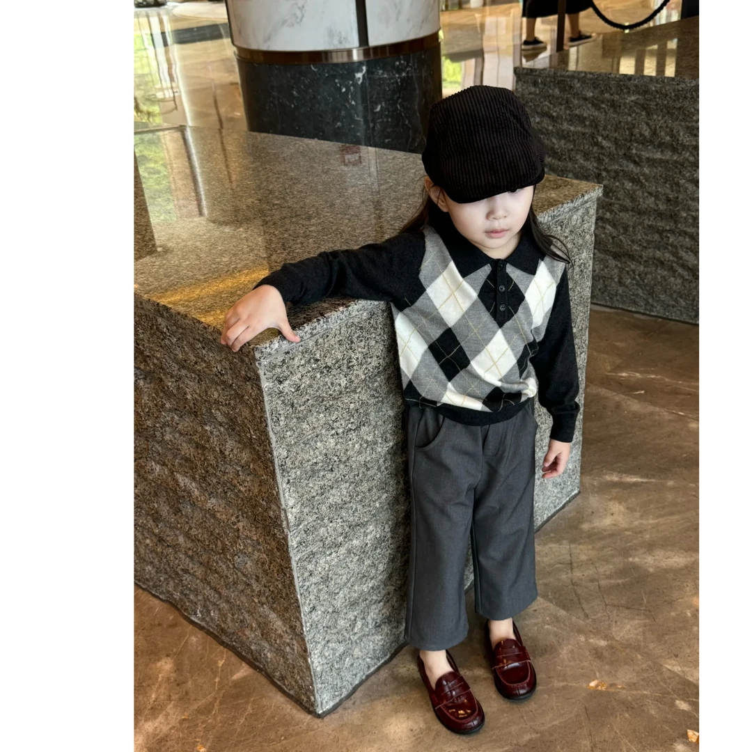 【现货】壹妈韩版童装女童秋装套装洋气儿童格子针织毛衣灰色休闲裤