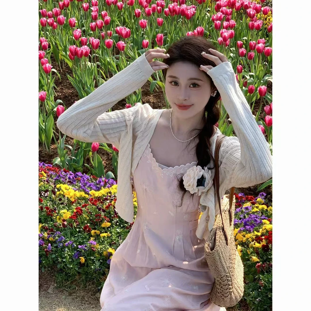 【清清】【春日浪漫】MOMO春夏休闲白色开衫吊带裙时尚套装