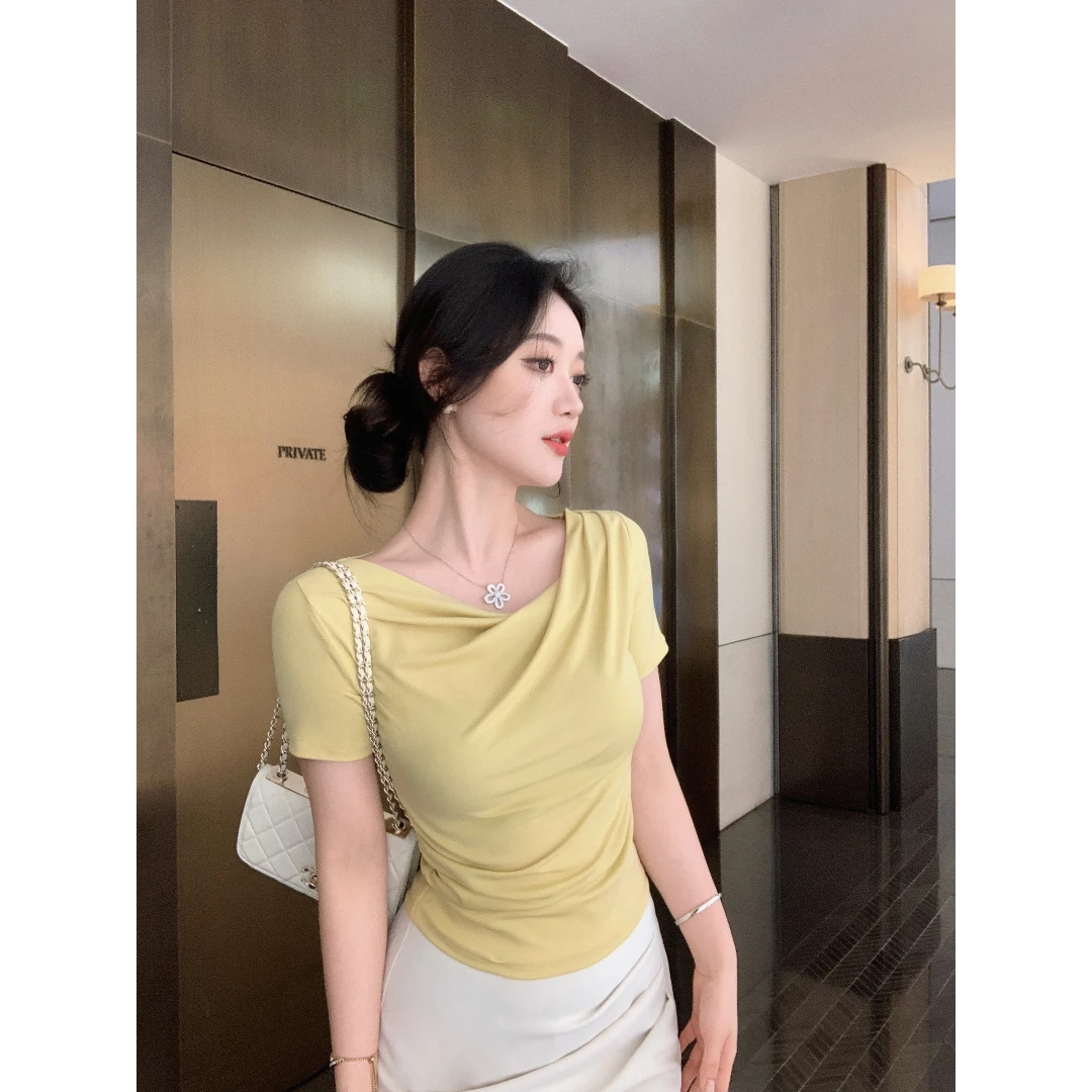 林关关【樱花树下】温柔知性松弛感扭结短袖上衣春夏漂亮修身T恤