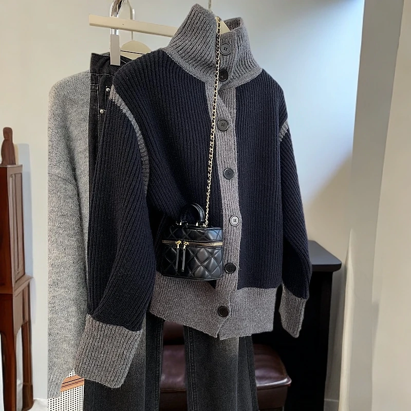 设计感黑色半高领毛衣外套女秋季新款慵懒风翻领加厚针织开衫上衣