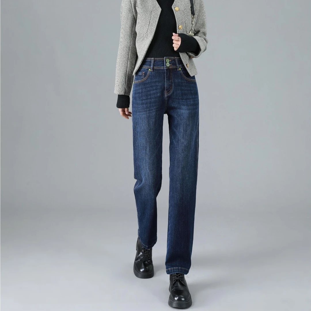 【花宁娜】洱海 . 新品加绒怀旧蓝深色烟管修身小直筒牛仔裤#4836