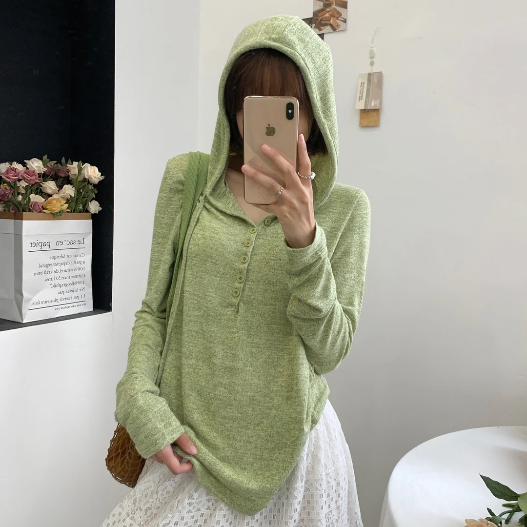 韩系慵懒风宽松百搭半开襟针织衫女早秋V领连帽外搭简约时尚上衣N