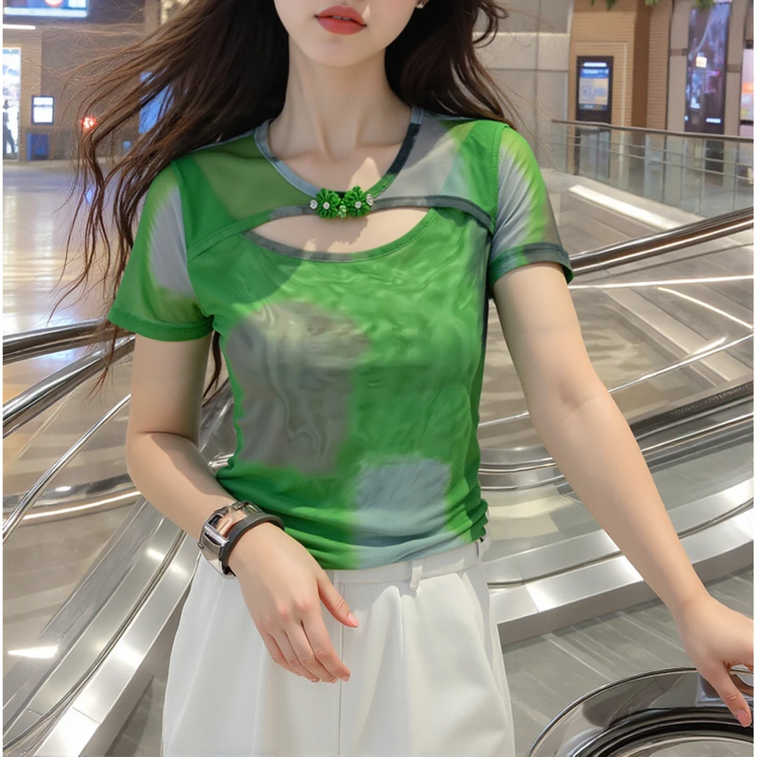 YH#复古短袖洋气百搭镂空设计感盘扣显瘦不规则扎染小衫DY14064