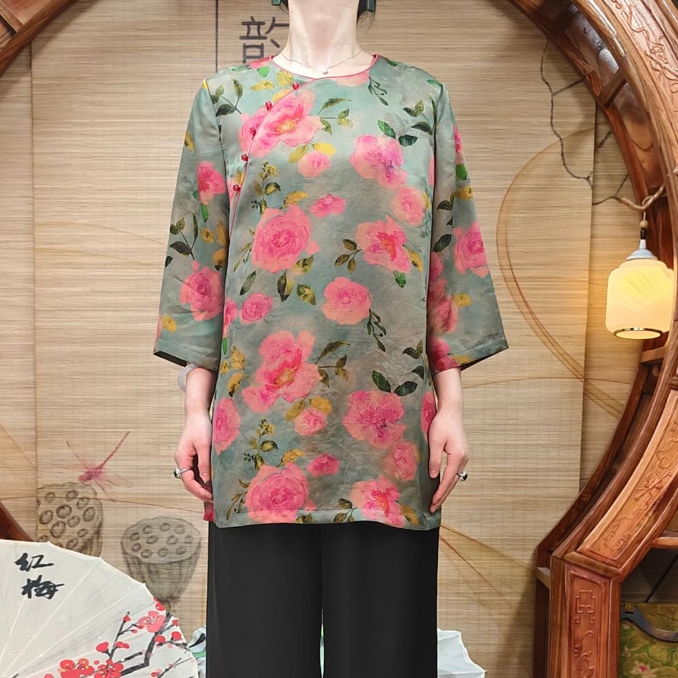 40姆米100桑蚕丝双面提花红云纱高雅牡丹斜襟春夏太太服中式小衫