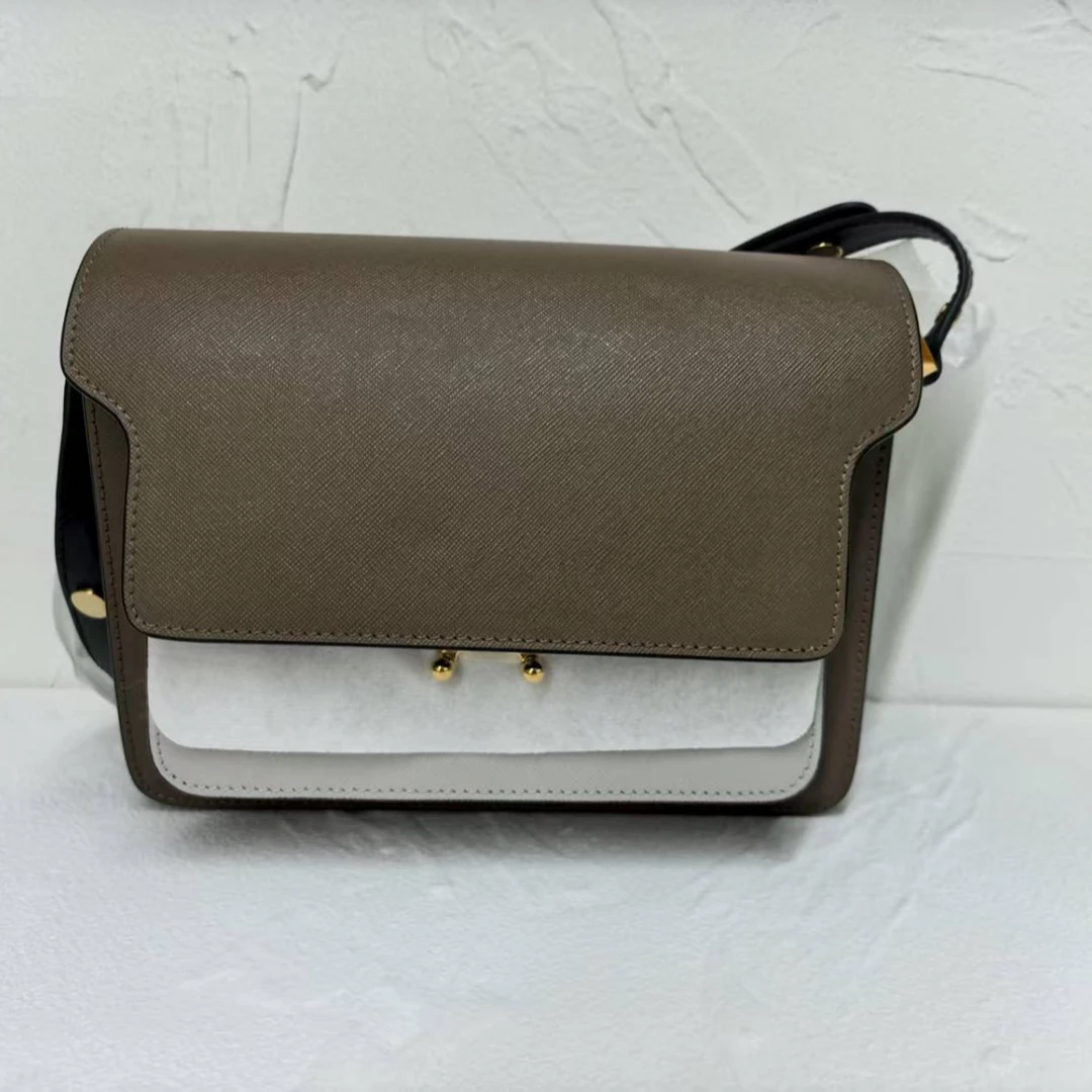 未使用 MARNI 小花Jerry 风琴包 中号 咖啡色拼墙灰白