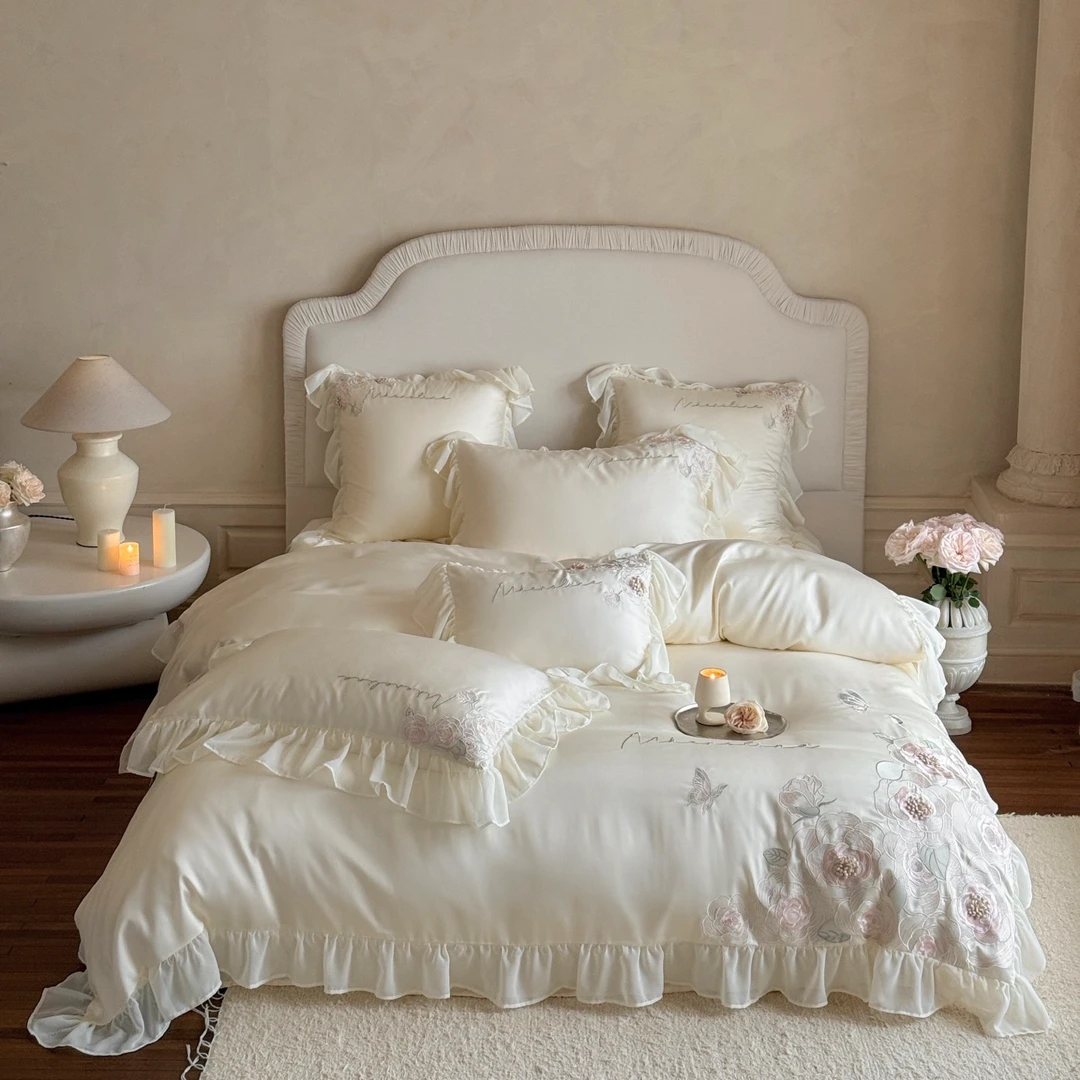 夏季法式凉感天丝四件套轻奢花边被套床单冰丝裸睡少女心床上用品