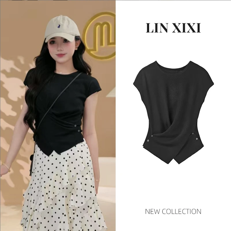 设计感收腰交叉圆领短袖针织衫女舒适软糯时尚套头上衣QH80334