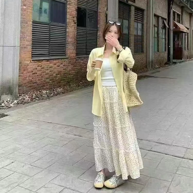 【三件套】新款韩版时尚气质polo领长袖衬衫吊带松紧腰碎花长裙女