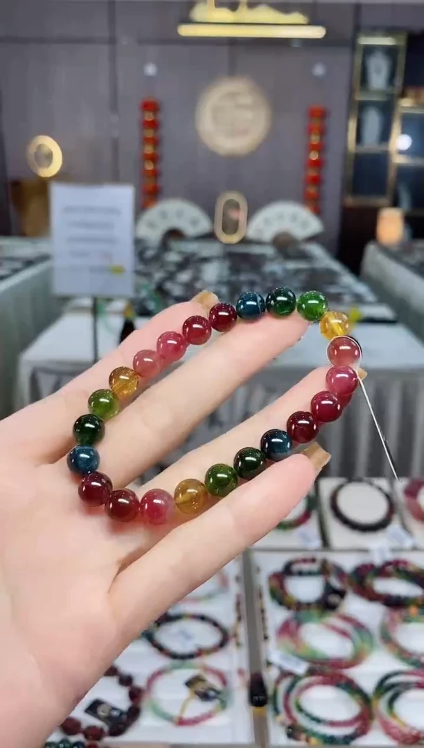 老矿碧玺色标彩虹透体单圈手串8mm+未镶嵌碧玺dan多样性发货一条