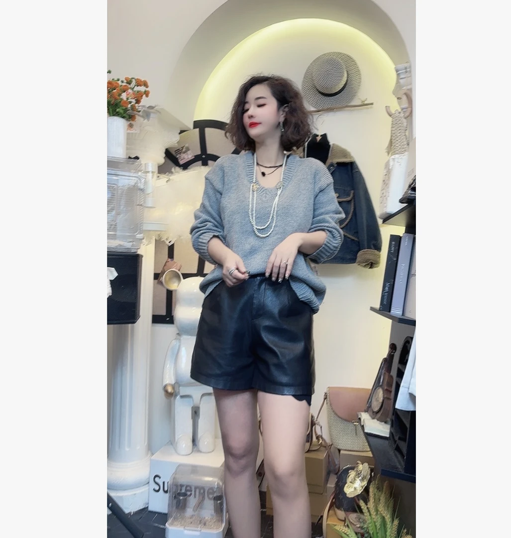 D25 110604 慵懒风韩版别致V领设计感宽松毛衣女长袖针织衫上衣