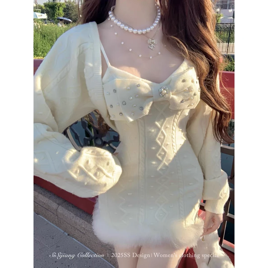 SISI 酱“冬日序曲”富家千金甜美修身显瘦吊带裙针织长袖开衫