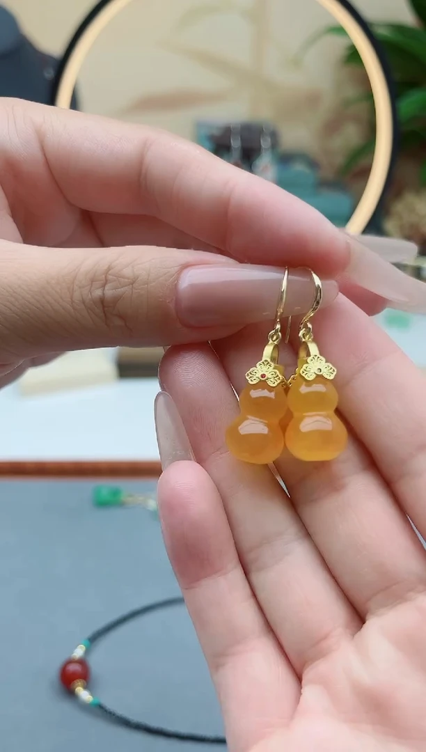 玛瑙/玉髓耳饰银S925镶嵌00黄色葫芦