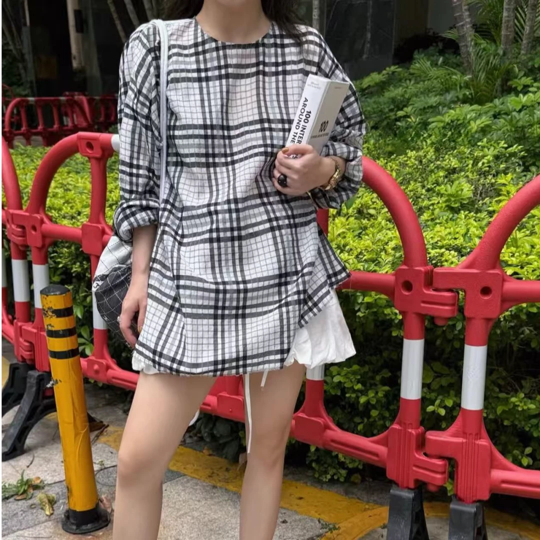 文艺格纹套头衬衣圆领休闲宽松上衣NYN-5529