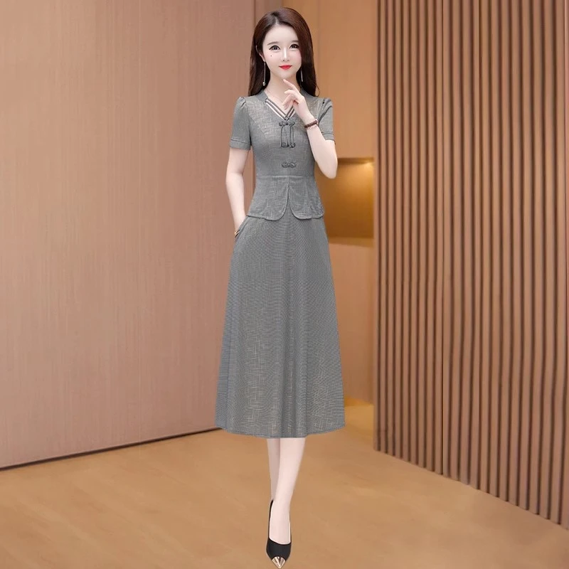 拉夏贝尔短袖连衣裙女2025新款夏爆款时尚气质一整套穿搭假两件套