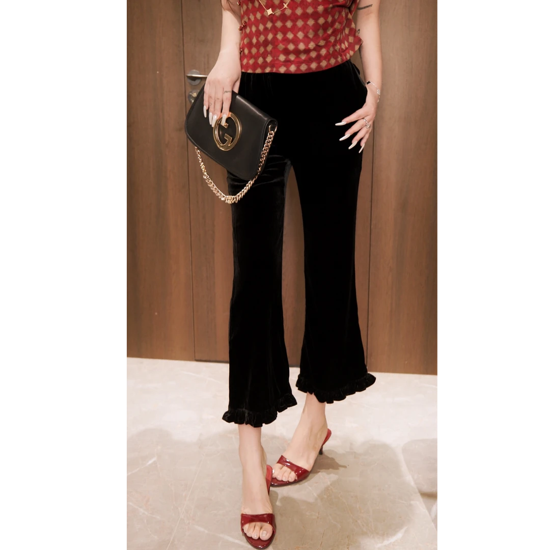 G. yantong/郭彦彤九分花边真丝绒裤夏季通勤休闲显瘦新款KZL41