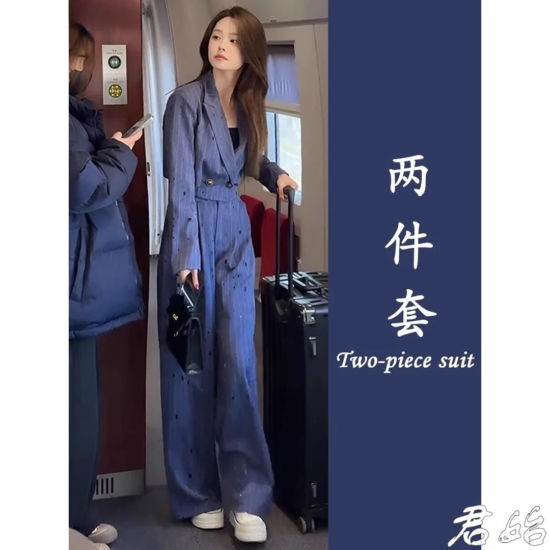 2025秋季新款收腰西服领短上衣宽松阔腿裤套装小众炸街高级感女装