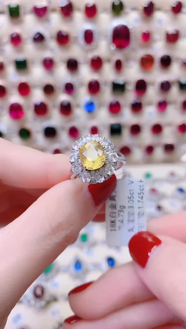 黄蓝宝戒指彩色蓝宝石18K金镶嵌1