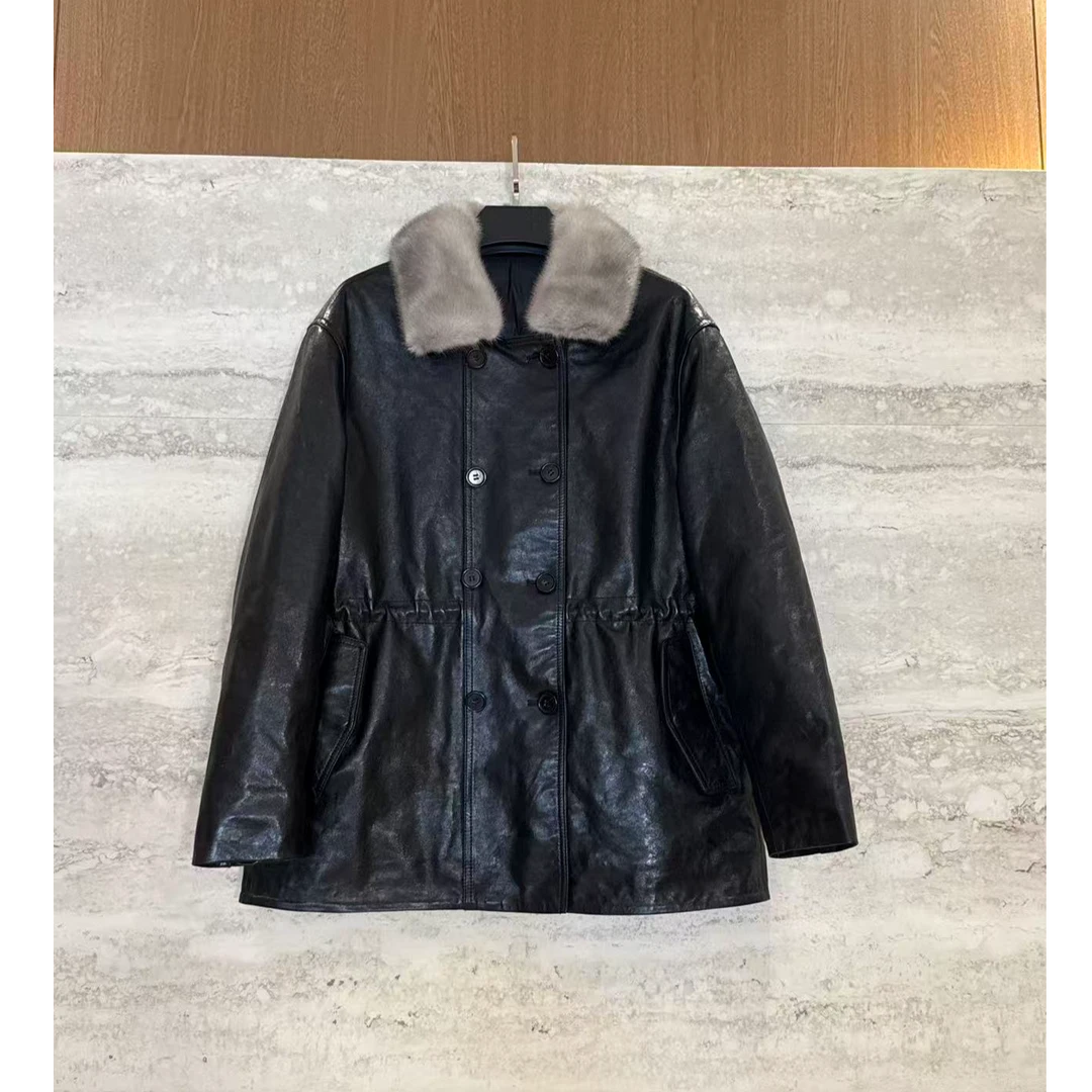 TANTAN 气质轻奢双排扣秋冬小山羊皮鹅绒服3817