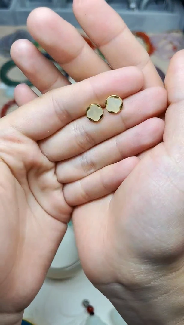 和田玉银S925镶嵌耳饰四叶草耳钉06