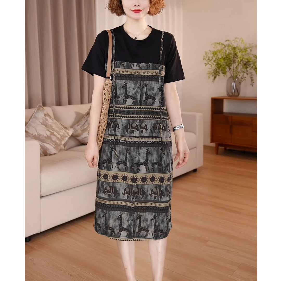 【现货】气质优雅夏季复古连衣裙拼接宽松A字裙时尚印花假两件裙子