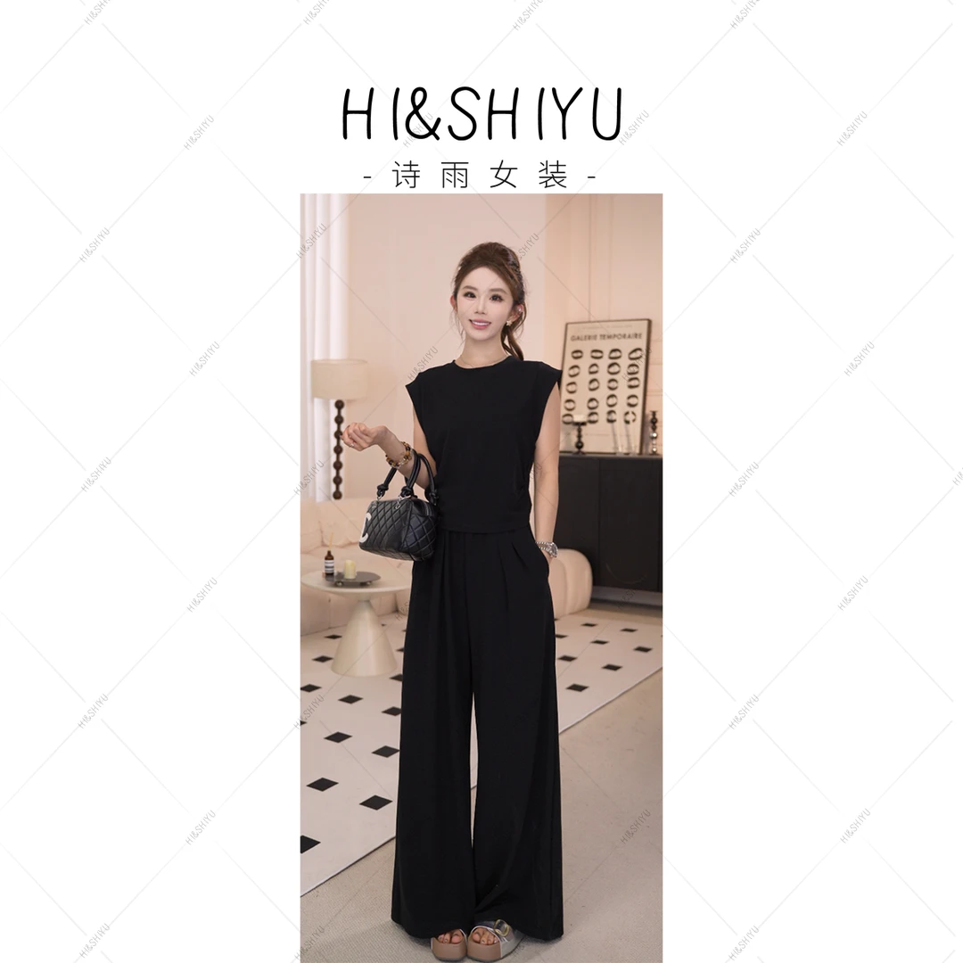 HISHIYU【瘦瘦套装】设计感抽绳镂空百搭小衫+直筒阔腿休闲裤套装