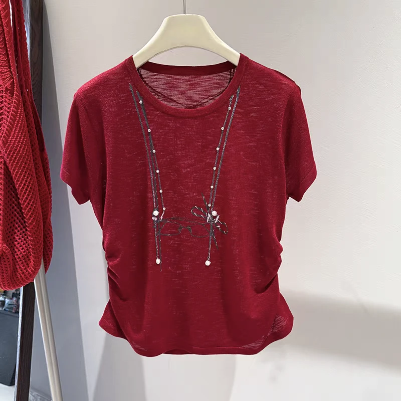 玲姐定制-珍珠链条眼镜印花褶皱收腰T恤夏季显瘦针织短袖119920